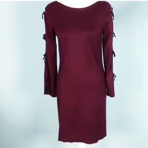 Vince Camuto Burgundy Mid Length Sweater Sheath Dress Bell Sleeve Tie Closure